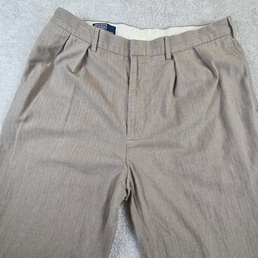 VTG Polo Ralph Lauren Men's Pants Pleated Cuffed Tan Herringbone 35x31 Cotton - Picture 3 of 10